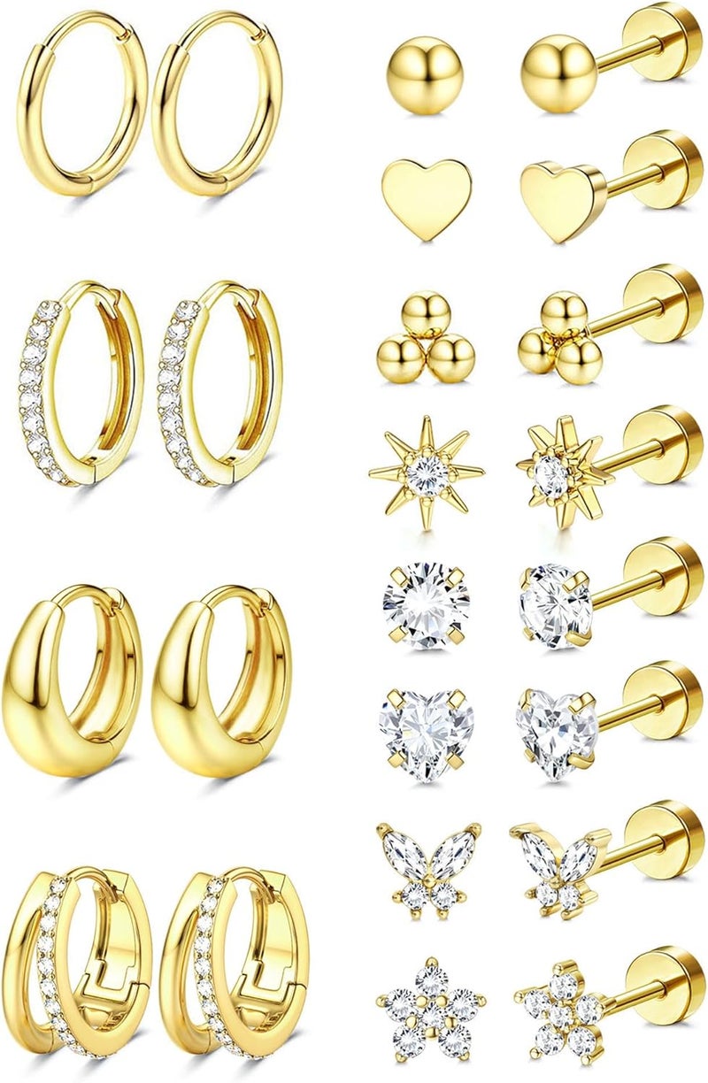 Jstyle Hypoallergenic 14K Gold Plated Stud Hoop Earrings for Women Men Surgical Stainless Steel Flat Back Earrings Small Huggie Hoops Cartilage Earring Set for Multiple Piercing Jewelry Gift for Women - Image 1